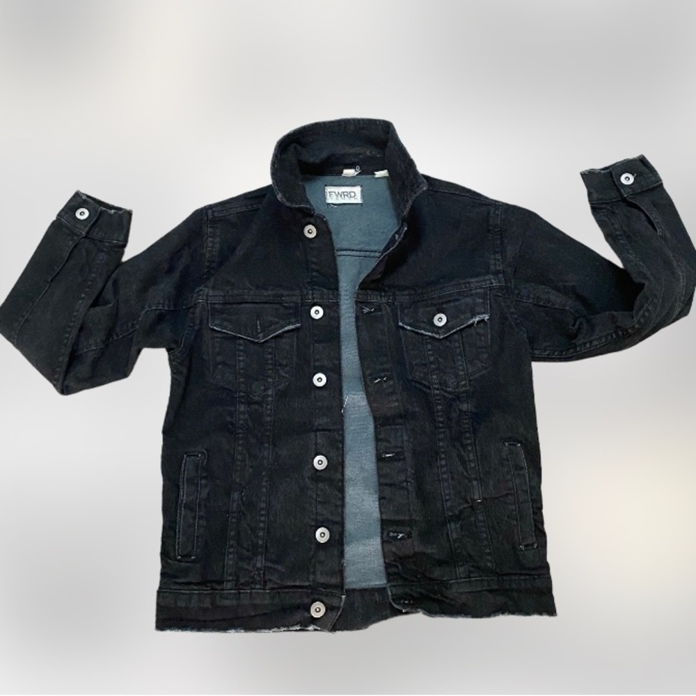 Frwd black denim jacket button down thrashed look youth 10-12